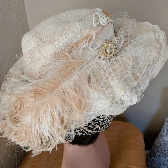 Custom one of a kind ivory flounced straw hat perfect for special occasions. - Picture 2 of 7